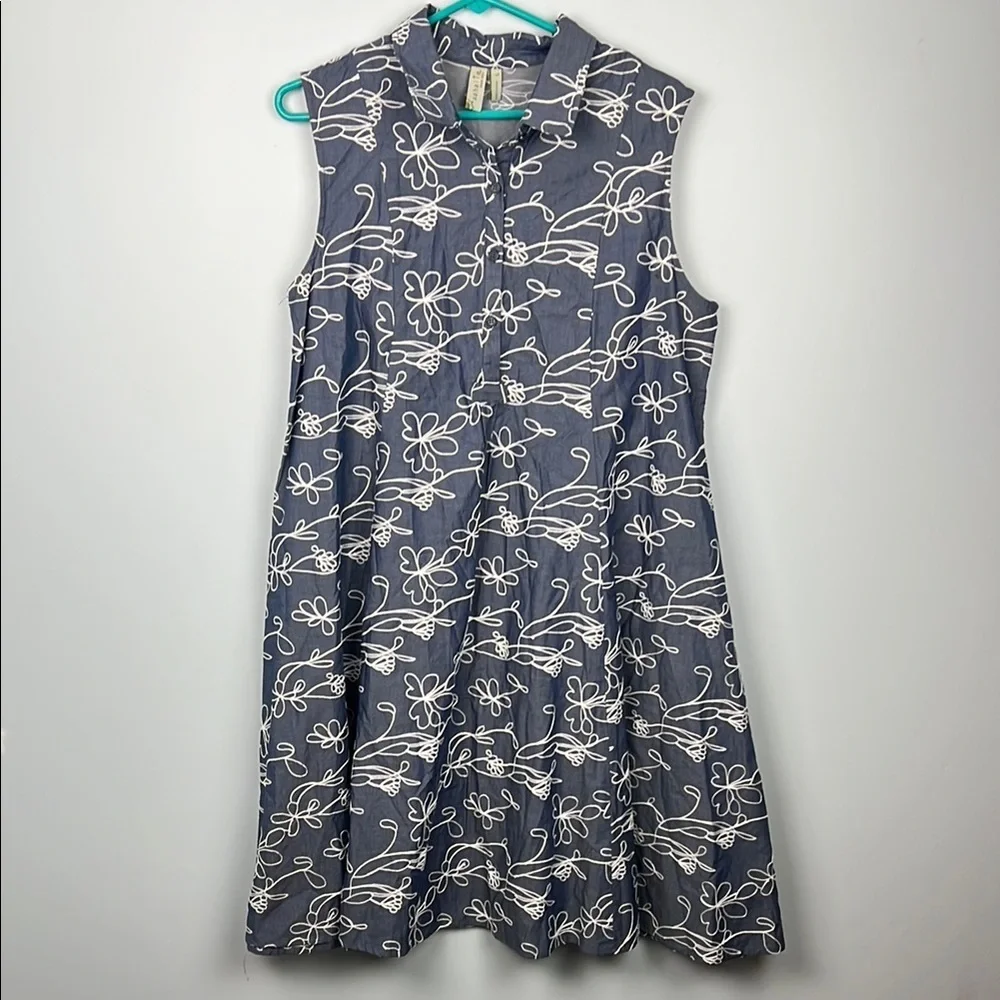 Sahalie large embroidered sleeveless collared a-line women’s dress 100% cotton